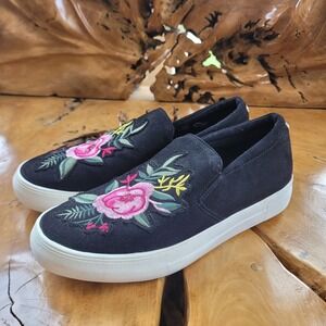 Steve Madden Garcie Womens 9.5 Slip On Shoes Black Floral Embroidered Sneakers